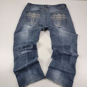 VTG 2000s Y2k Avirex Embroidered Wide Leg Baggy Skate Distressed Jeans Sz 38x32